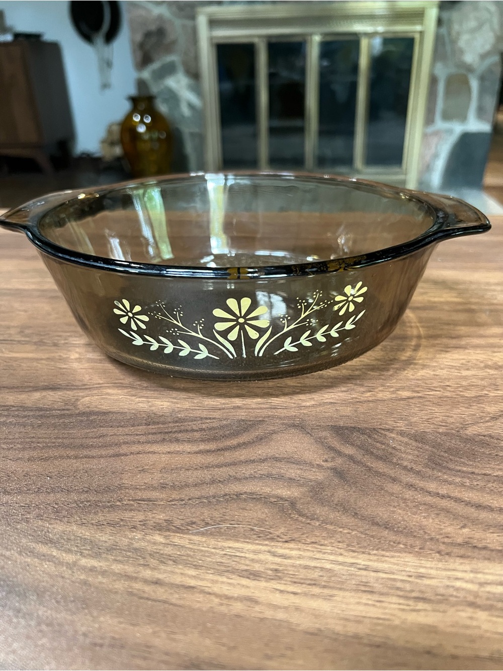 Vintage GlasBake Jeanette, Brown Glass Casserole with Yellow Daisies